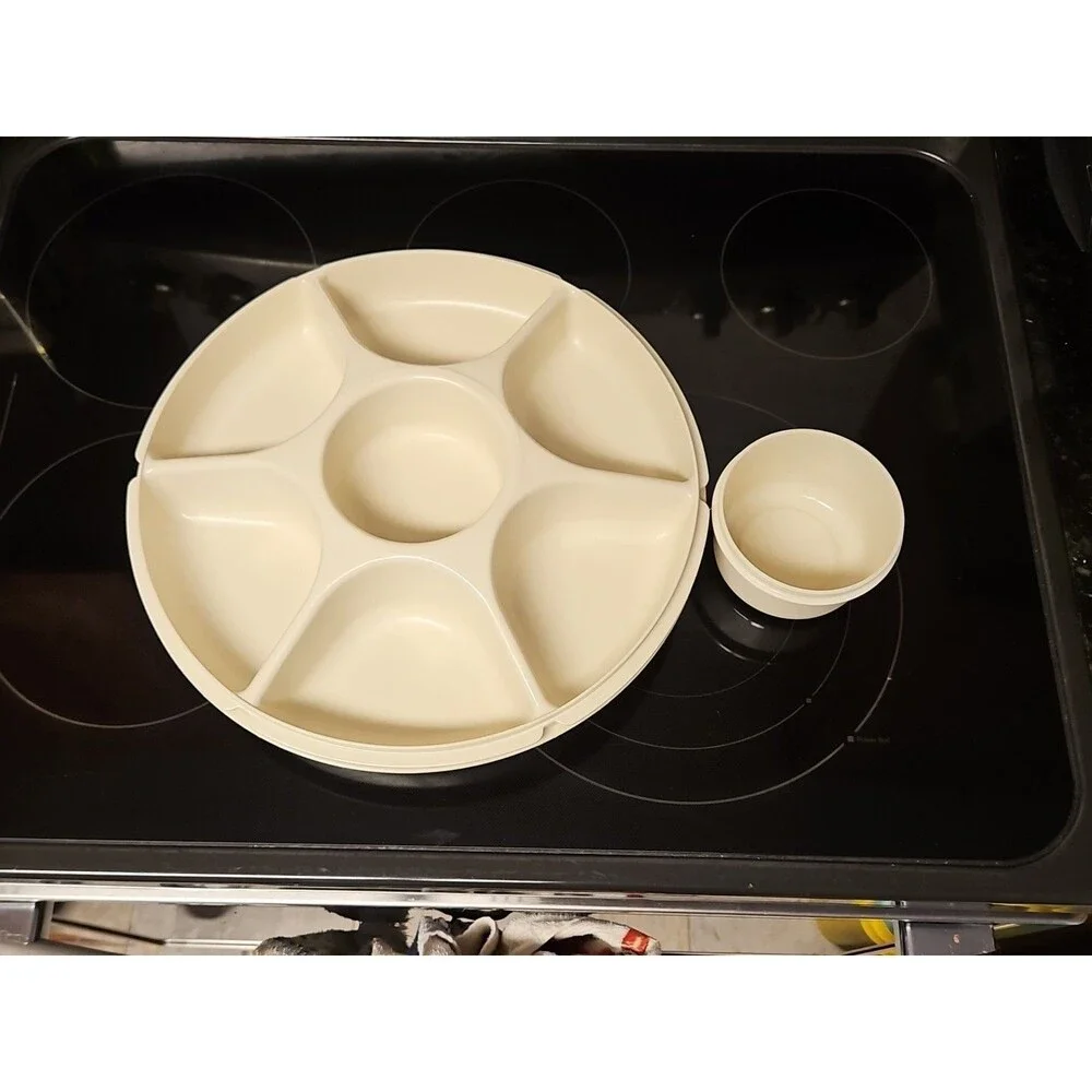 Tupperware Divided Serving Tray 1665-3 Almond With Lid & Dip Bowl 3 pc set